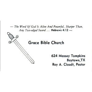 Grace Bible Church Roy A. Cloudt Pastor Baytown TX Vintage Business Card SD8-B4